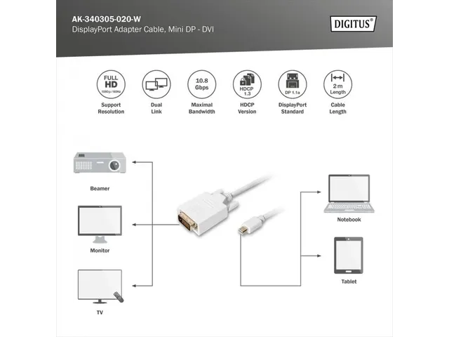 DisplayPort-adapterkabel type mini DP DVI(24+1) St/St 2m Wit