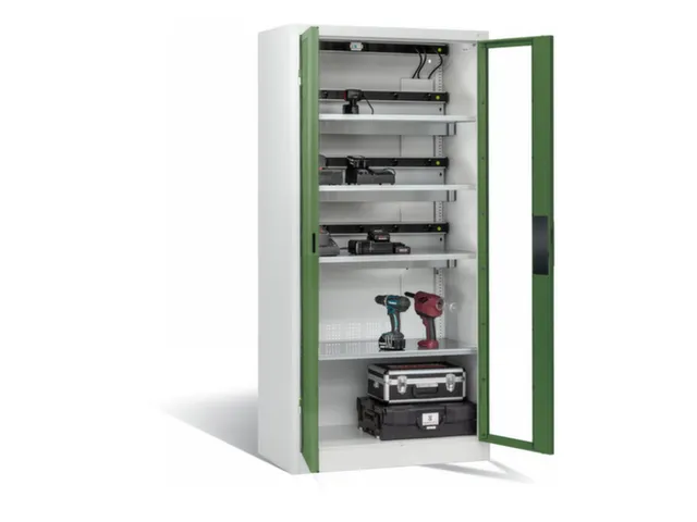 acculaadkast,HxBxD 1950x930x500mm,15stekkerdozen 230 V,ventilator