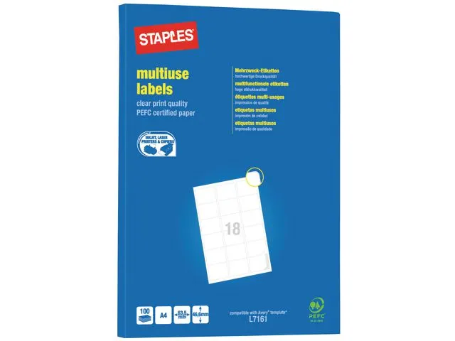 Etiquette Multi-usages Blanche - Staples - 46,6 X 63,5 Mm - Boïte De