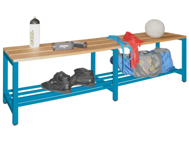 banc-patère,LxP 1500x370mm,barrettes en bois hêtre,piètement RAL501