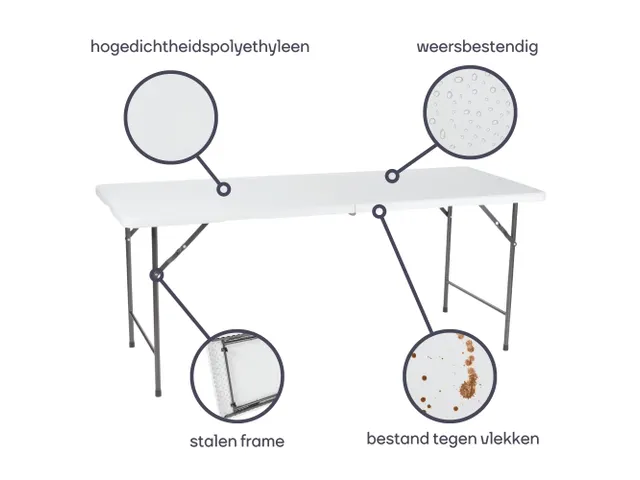 Vouwtafel weerbestendige Klaptafel 180x70x74cm HDPE Wit
