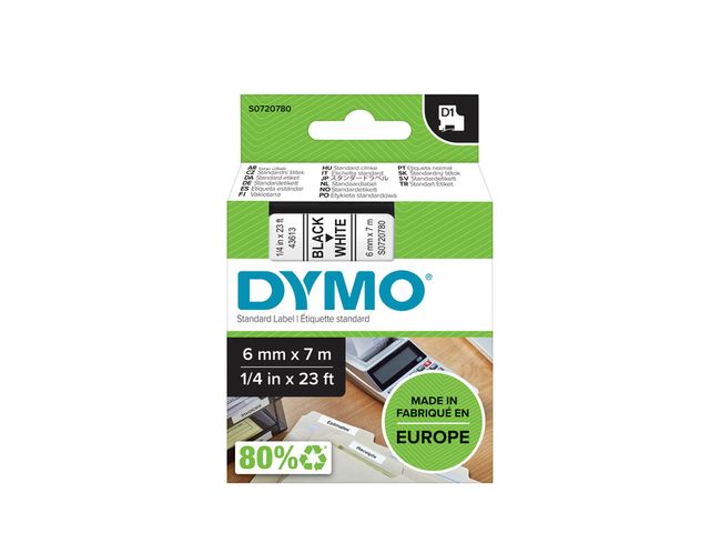 Lettertape Dymo 43613 1000/5000 6mmx7m Zwart Op Wit | DymoEtiket.nl