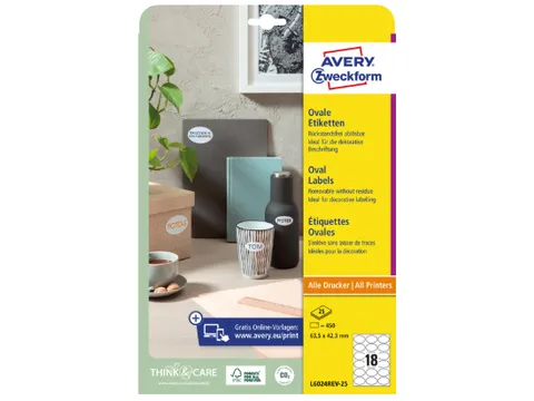 Etiket Avery L6024REV-25 ovaal 63.5x42.3mm wit 450 stuks 25 vel