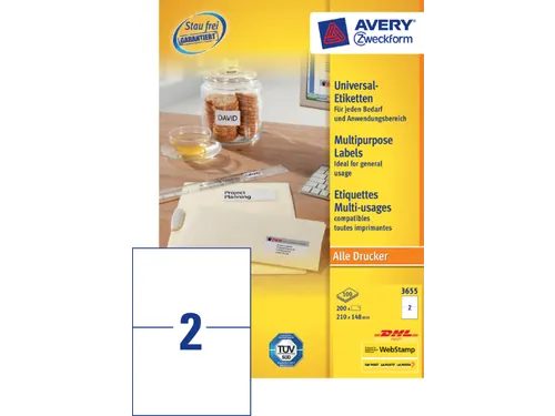 Etiket Avery Zweckform 3655 210x148mm A5 wit 200stuks