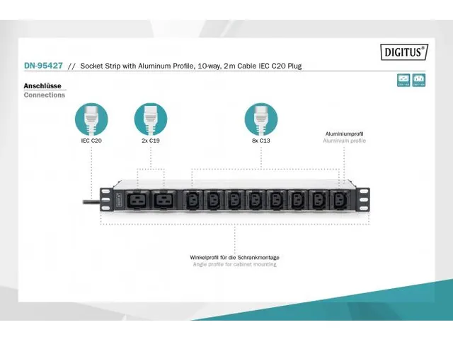 Stekkerdoos Met Aluminium Profiel 10-polig 2m Voedingskabel IEC C20