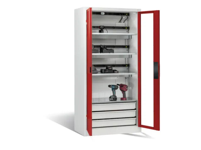 acculaadkast 1950x930x500mm 15stekkerdozen 230V ventilator fr. RAL3003