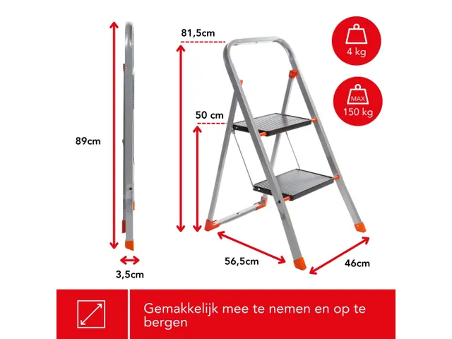 Huishoudtrap met hoge beugel 2 treden antislip inklapbaar tot 150 kg