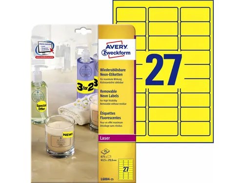 Gekleurde Etiketten Avery Zweckform 63,5x29,6mm Neon Geel 675 stuks
