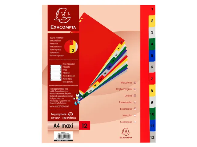 Tabbladen Polypropyleen A4+ 0.12mm 1-12 Bedrukte Tabs 12-Delig