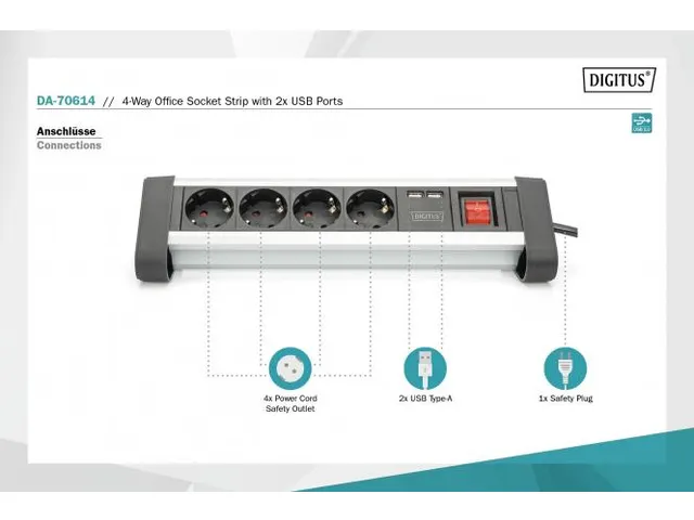 4-voudige kantoorstekkerdoos met 2x USB-poorten USB 5V/2A zwart/zilver