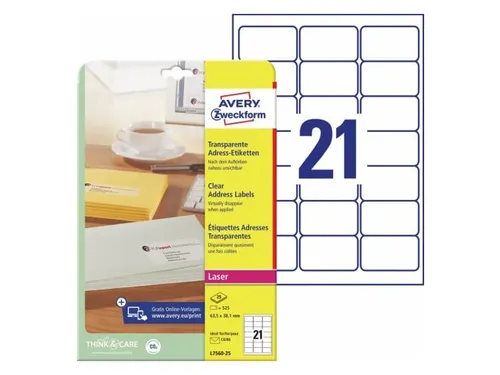 Adrestiket Avery Zweckform 63.5x38.1mm Transparant 525 Stuks
