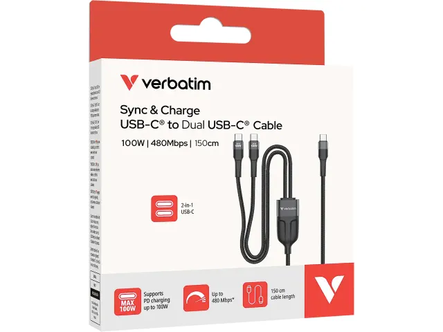 30279 VERBATIM Sync+Charge Kabel USB-C USB-C 1,50m 100 W zwart