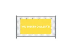 Hekwerkbanner 200x100 cm Geel met Print Wij zoeken collega's