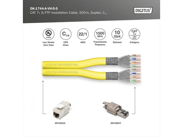 CAT 7A S-FTP installatiekabel 1500MHz Cca AWG 22/1 rol van 500m Geel