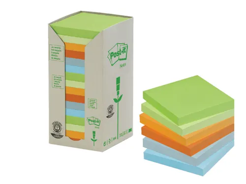 Memoblok 3m Post-it 654-1rpt 76x76mm 16 Stuks Recycled Assorti