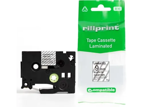 compatible TZe tape voor Brother TZe-121, 9 mm, zwart op transparant