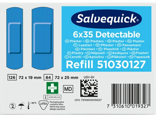 Pleisters Salvequick blauw detectabel refill 35 Stuks