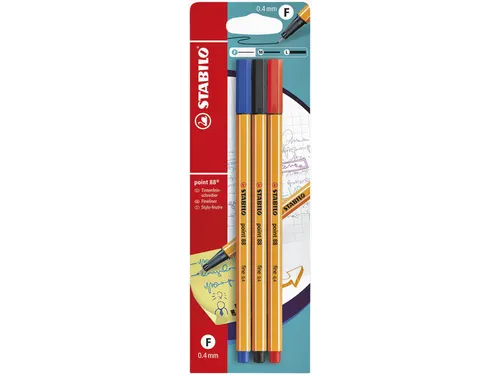 Fineliner STABILO point 88 0.4mm blister à 3 kleuren assorti
