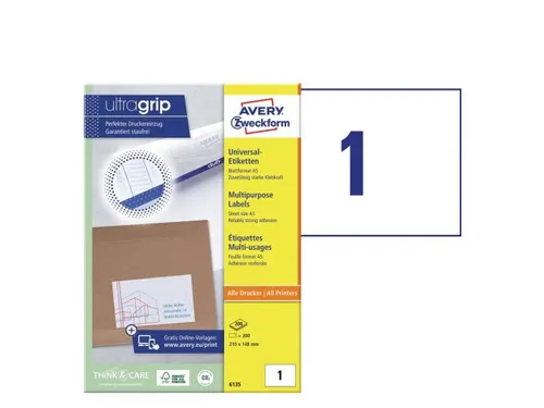 Etiket Avery Zweckform 6135 210x148mm A5 wit 200 stuks