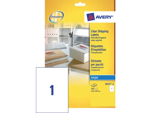Adresetiket Avery J8567-25 210x297mm A4 Transparant Inkjet 25 stuks