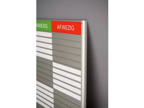 Menoor In-Uit bord 25 namen Aluminium Aanwezig/Afwezig Groen/rood