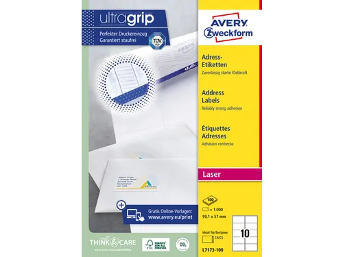 Adresetiket Avery QuickPeel L7173-100 99.1x57mm Wit 1000 Stuks