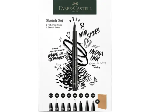 Tekenset Faber-Castell 8x pitt artist pen zwart incl. schetsboek 140gr