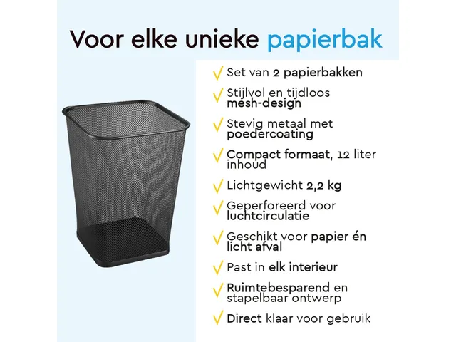BRASQ Papierbak 12 liter Zwart Vierkant Set van 2 WBBSO2