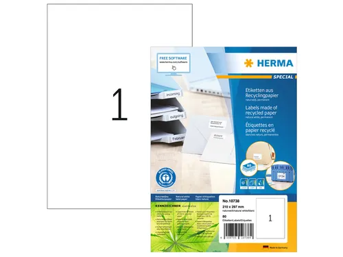 HERMA 10738 Etiketten gerecycled papier A4 210x297mm Wit 80 stuks