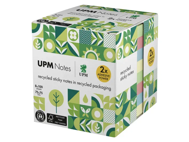 Sticky notes UPM recycled 75x75mm pastel assorti blok 100 vel, doos 8x