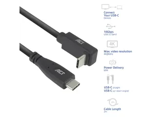 Kabel ACT USB-C standaard naar USB-C hoek boven/beneden 10Gbps 2m - 8