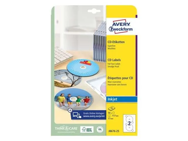 Cd Etiket Avery 117mm Fullsize Wit 25 Vel 2 Etiketten Per Vel Fsc