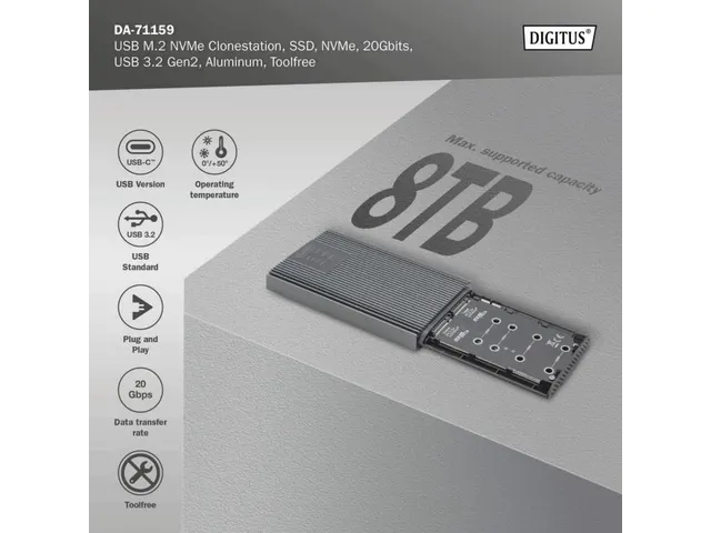 NVMe-kloonstation NVMe 20Gbits USB 3.2 Gen2 aluminium gereedschapsvrij