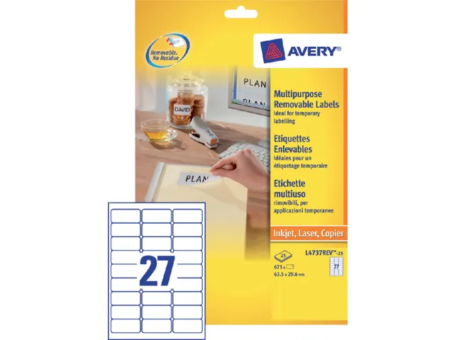 Etiket Avery L4737rev-25 63.5x29.6mm Afneembaar Wit 675 Stuks