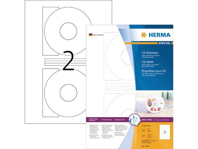 Etiket Herma 4471 CD 116mm Wit Opaqua 200 stuks | EtiketWinkel.be