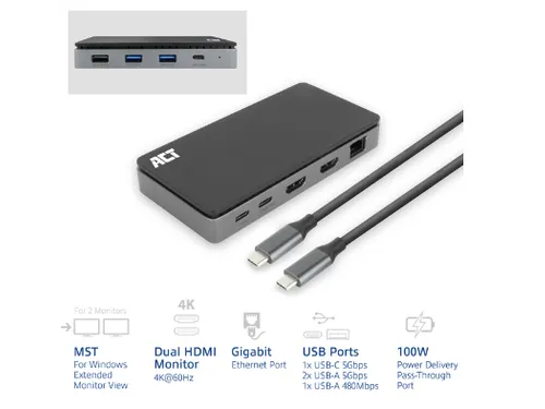 Dockingstation ACT USB-C 4K MST voor 2 HDMI monitoren