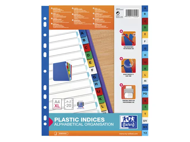 Intercalaires Oxford A4+ 11 trous 20 onglets A-Z PP couleur