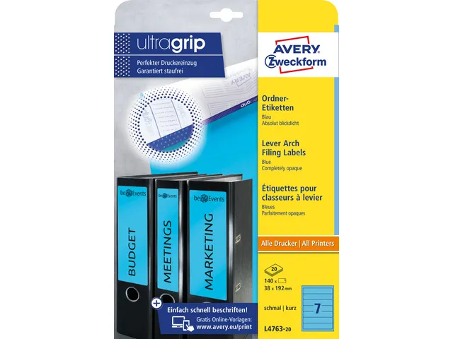 Rugetiket Avery smal 38x192mm zelfklevend smal blauw L4763-20