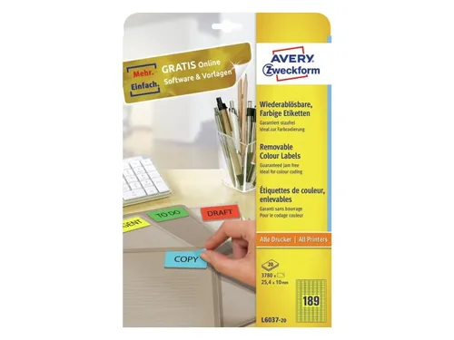 Etiket Avery L6037-20 25.4x10mm geel 3780 stuks