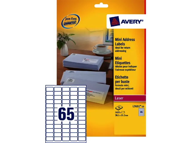 Etiket Avery L7651-25 38.1x21.2mm Laserprinter Wit 1625 stuks