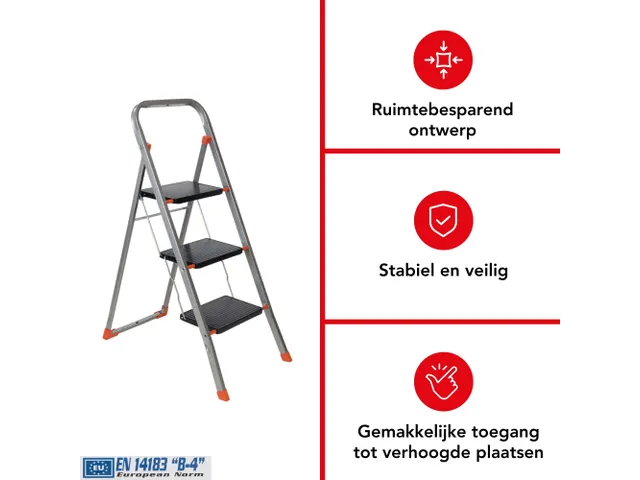 Huishoudtrap met hoge beugel 3 treden antislip inklapbaar tot 150 kg