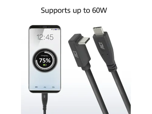 Kabel ACT USB-C standaard naar USB-C hoek boven/beneden 10Gbps 1m