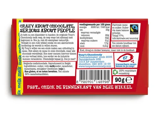 Chocolade Tony Chocolonely melk reep 90 gram