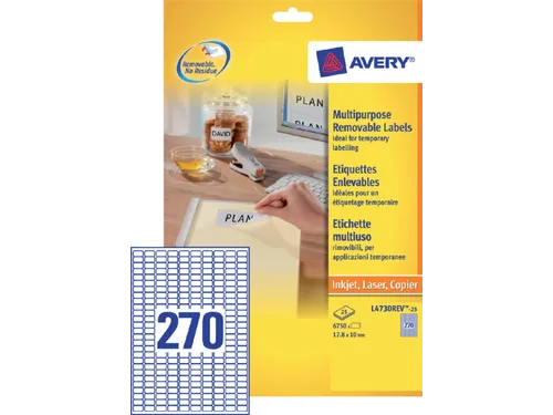 Etiket Avery L4730 Rev-25 17.8x10mm Afneembaar Wit 6750 Stuks