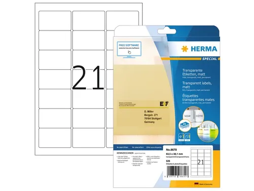 HERMA 8670 Transparante folie-etiketten Mat A4 63,5x38,1mm 525 stuks