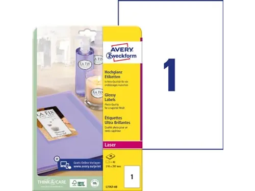Etiket Avery L7767-40 210x297mm A4 hoogglans wit 40 stuks