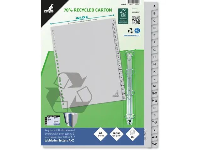 Tabblad ECO Kangaro A4 letters 180 grams grijs karton 23-gaats 20-deli