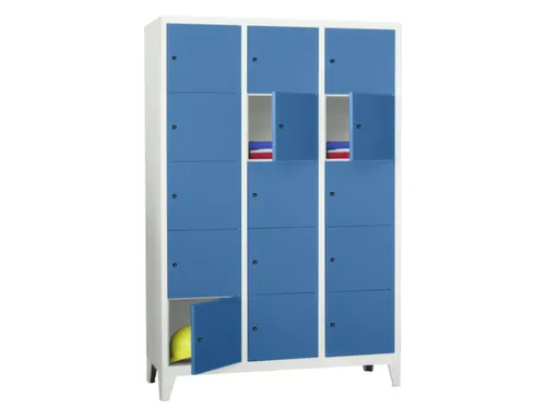 lockerkast,HxBxD 1850x1200x500mm,3x5vakken,RAL7035,front RAL5012