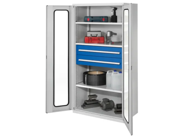 Materiaalkast Vensterdeuren 1950x1000x600mm 3legborden 2laden Ral7035