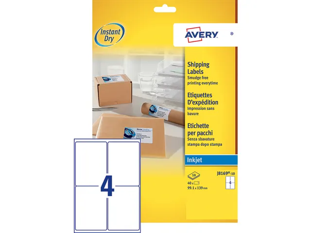 Adresetiket Avery J8169-10 99.1x139mm Inkjet Wit 40 stuks